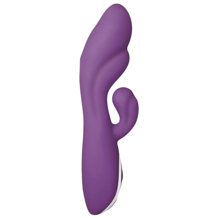 Evolved Rampage purple silicone rabbit vibrator, front view showing curved shaft and clitoral arm