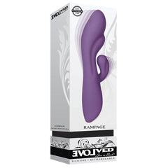 Evolved Rampage rabbit vibrator displayed in its white branded retail box, silicone rechargeable label visible