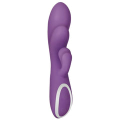 Close-up of Evolved Rampage vibrator shaft texture and ridged body detail in soft purple silicone