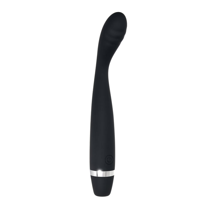 Evolved Skinny G black silicone vibrator with curved tip and silver accent ring, front view