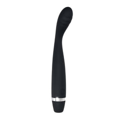 Evolved Skinny G black silicone vibrator with curved tip and silver accent ring, front view