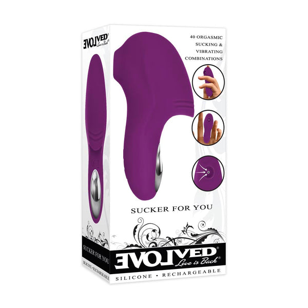Evolved Sucker for You purple silicone finger vibrator in retail box, 40 function clitoral stimulator