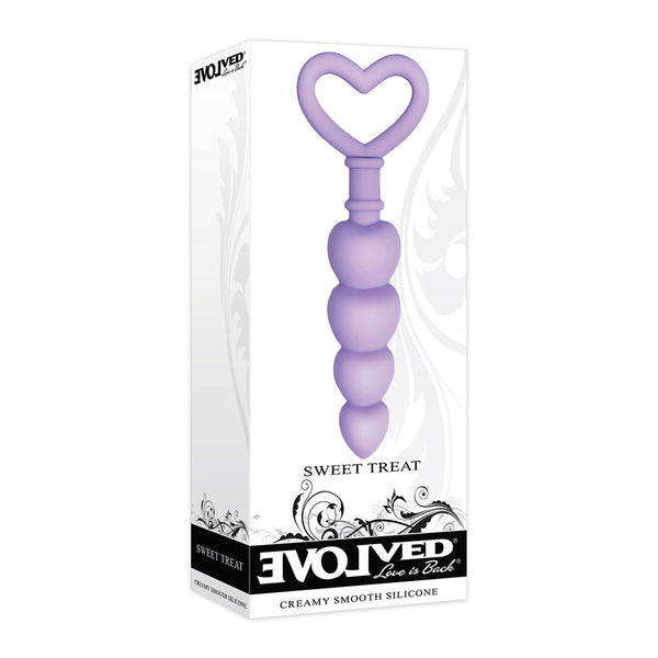 Evolved Sweet Treat anal beads in retail box highlighting creamy smooth silicone material