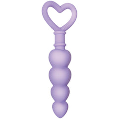 Evolved Sweet Treat purple silicone anal beads with heart-shaped retrieval loop, front view