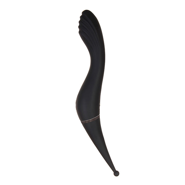 Evolved Tantalizing Teaser black silicone dual-ended vibrator, curved side profile view