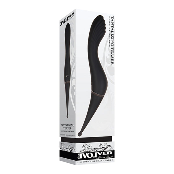 Evolved Tantalizing Teaser in retail box displaying silicone rechargeable dual-ender packaging