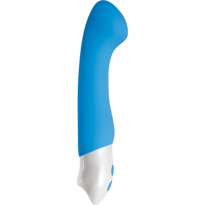 Evolved Tempest G vibrator in blue silicone with curved tip and silver base, side view