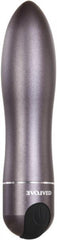 Close-up of Evolved Travel-Gasm metallic grey bullet vibrator with single power button base