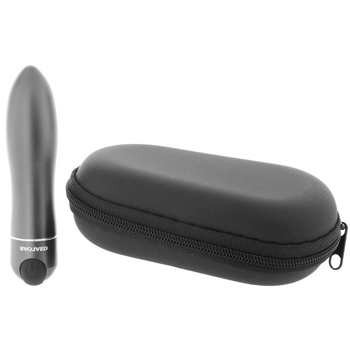 Evolved Travel-Gasm rechargeable bullet vibrator in matte black with oval zip carry case