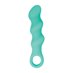 Evolved Triple Teaser teal silicone vibrator with wavy shaft and finger-loop base, front view