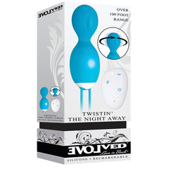 Evolved Twistin The Night Away packaging showing blue rechargeable vibrator and remote set