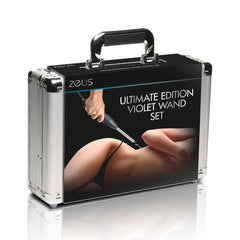 Exterior of silver aluminum carry case with printed Zeus Ultimate Edition Violet Wand Set branding and lifestyle graphic