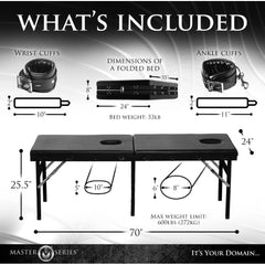 Extreme Bondage Massage Bed dimensions diagram showing 70in length, cuffs, and 600lb weight limit