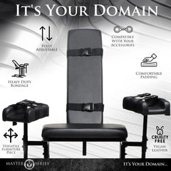 Extreme Obedience Chair feature callout: fully adjustable, vegan leather padding, bondage straps