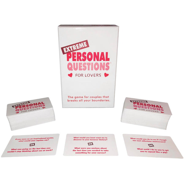 Extreme Personal Questions for Lovers card game box with sample question cards spread in front