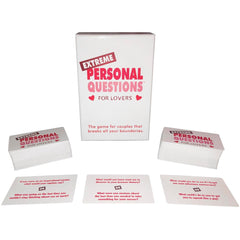 Extreme Personal Questions for Lovers card game box with sample question cards spread in front