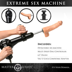 Extreme Sex Machine detail infographic showing motor unit, dildo attachment, and Vac-U-Lock adapter