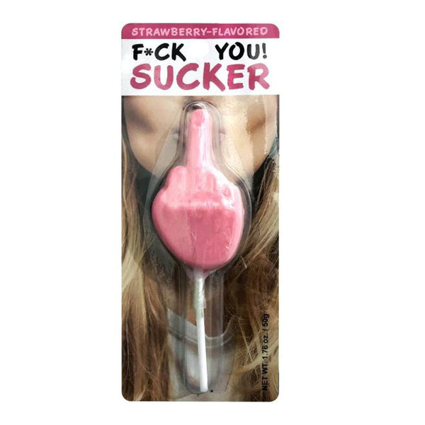 F*ck You Sucker pink middle-finger-shaped strawberry-flavored lollipop by Kheper Games