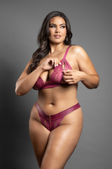 Bralette and panty in leatherette and lace with zipper details (Berry)