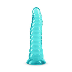 Fantasia Nymph standing upright, displaying full tapered ridged design in translucent teal material