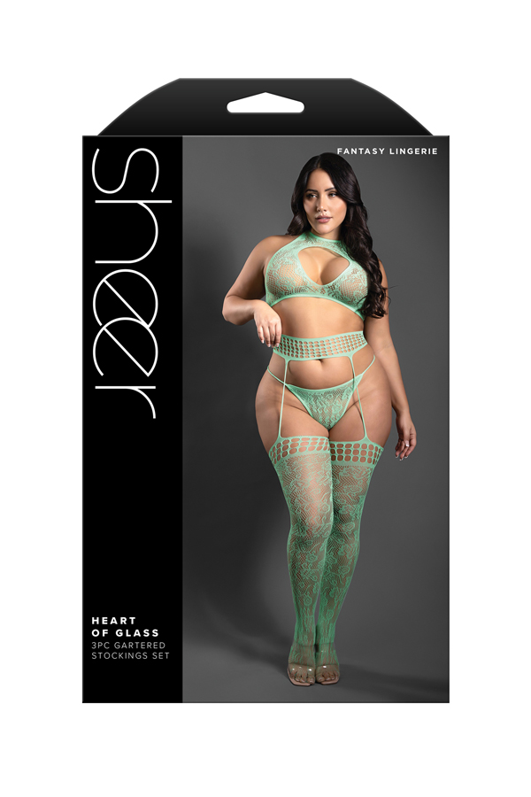 Fantasy Lingerie Heart of Glass plus-size packaging showing mint lace halter bra, g-string, and gartered stockings