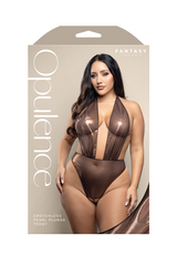 Fantasy Lingerie Opulence plus-size Crotchless Pearl Plunge Teddy shown in packaging, front