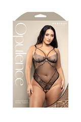 Fantasy Lingerie Opulence plus-size Crotchless Pearl Teddy retail packaging, curvy model on box