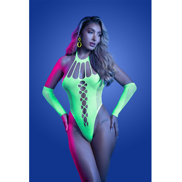 Fantasy Lingerie Pressure Point neon green UV reactive rhinestone teddy with matching gloves, front view