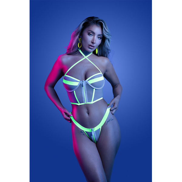 Fantasy Lingerie Supernatural glow-in-the-dark zipper bra top and thong set, front view