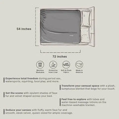 Fasinator Throw size diagram showing 54x72 inch queen coverage with care and fabric feature icons