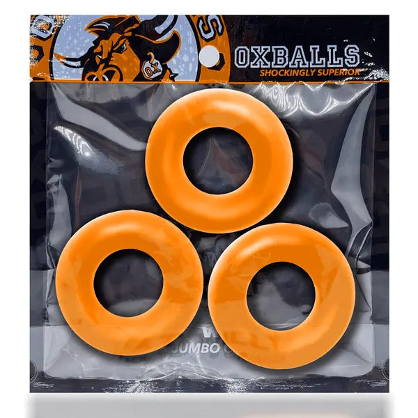 Fat Willy 3-pack jumbo cock rings in original Oxballs retail packaging, orange set