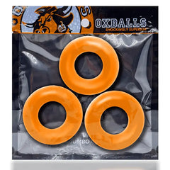 Fat Willy 3-pack jumbo cock rings in original Oxballs retail packaging, orange set