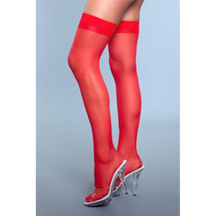 Favorite Day Thigh Highs side view showing sheer red fabric and wide comfort band top