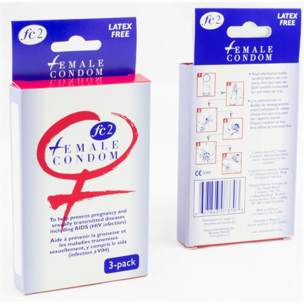FC2 Female Condom 3-pack box, latex-free nitrile, front and back packaging shown