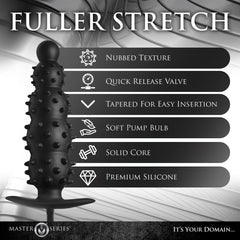 Feature callout graphic listing nubbed texture, quick-release valve, and premium silicone build