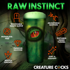 Feature callout graphic for Raptor Stroker: removable sleeve, adjustable suction, premium silicone