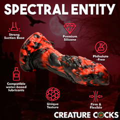 Feature callout graphic for the Reaper Dildo: premium silicone, phthalate-free, firm and flexible