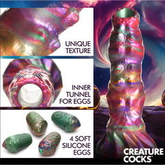 Feature callout showing unique texture, inner tunnel opening, and four included soft silicone eggs
