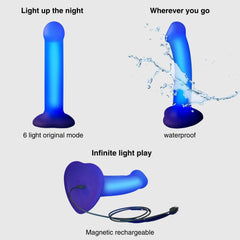 Feature chart showing 6 LED light modes, waterproof design, and magnetic recharge