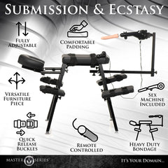 Feature diagram of Obedience Bench highlighting adjustable frame, remote control, and bondage supports