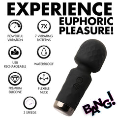 Feature graphic showing 7 vibrating patterns, 3 speeds, USB rechargeable, waterproof design