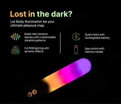 Feature graphic highlighting bullet vibration, full RGB lighting, app control, and quiet rechargeable motor
