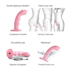 Feature graphic showing double tapping vibration modes and three versatile use positions