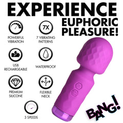 Feature graphic listing 7 vibrating patterns, 3 speeds, flexible neck, and waterproof design