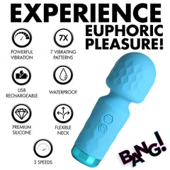Feature graphic listing powerful vibration, 7 patterns, USB rechargeable, waterproof, flexible neck