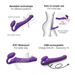 Feature grid: bendable silicone, waterproof, USB rechargeable, solo or couple use