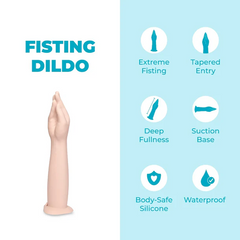 Feature icons for the b-Vibe fisting dildo including body-safe silicone, suction base, waterproof