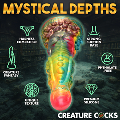 Feature infographic for Majestic Merman Dildo: harness compatible, suction base, phthalate-free