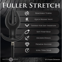 Feature list graphic for anchor plug including removable tubing, soft pump bulb, and premium silicone