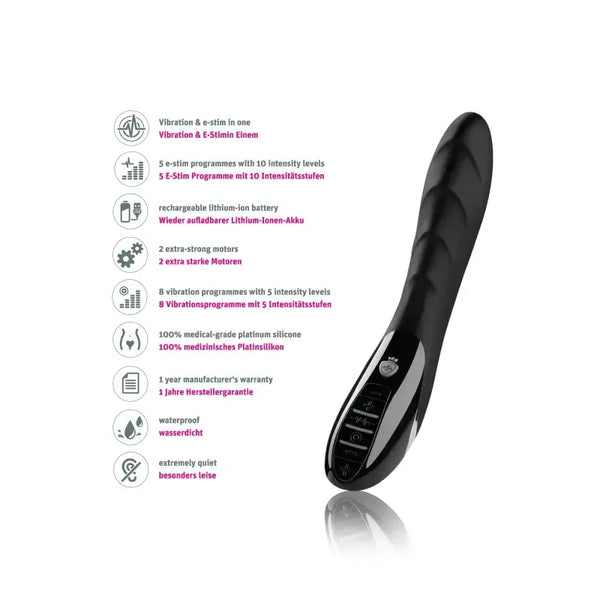 Feature list for Mystim Sizzling Simon detailing e-stim programs, motors, and waterproof rating